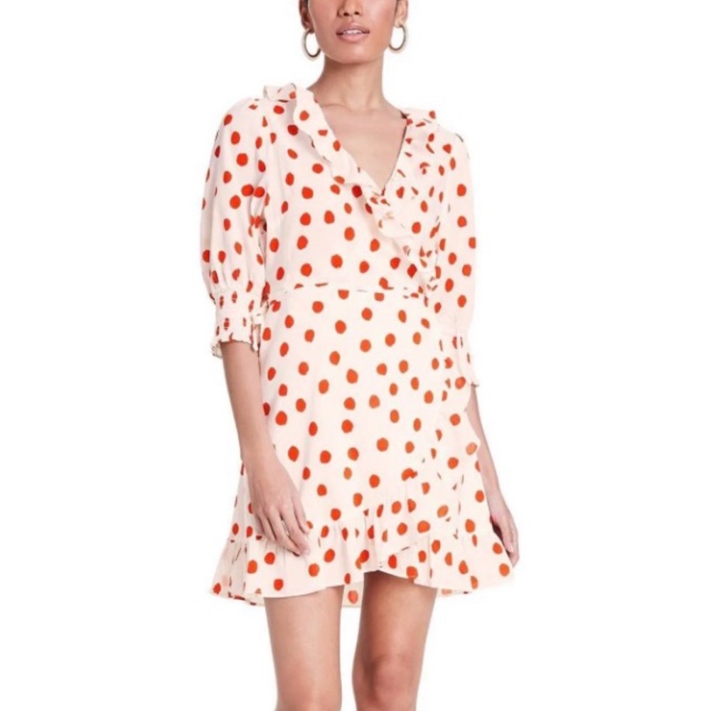 RIXO Polka Dot Ruffle Wrap Dress - Cream with Dots sz XS - Picture 2 of 11